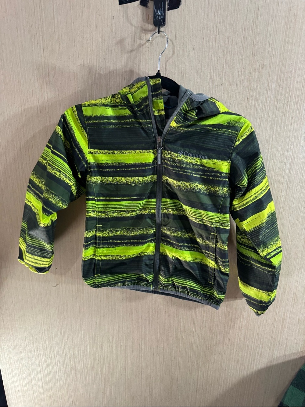 Kids Columbia Omni Shield Bright Yellow-Green Grey Striped Jacket Size Small